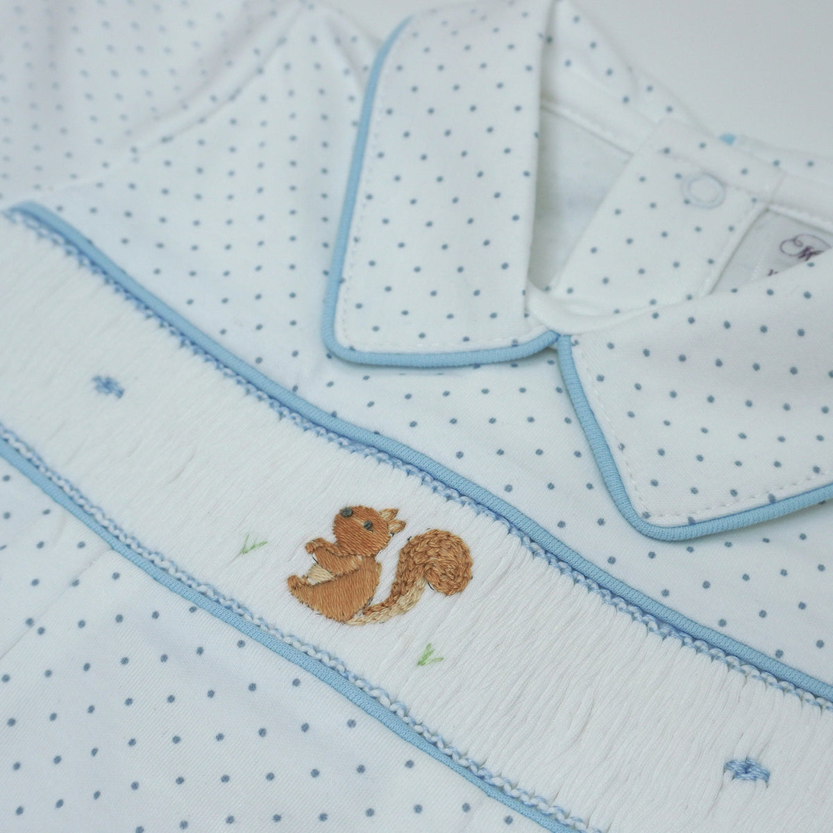 Pima Cotton Squirrel Smocked Romper – Embroidered Baby Romper