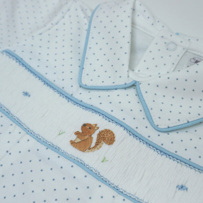 Pima Cotton Squirrel Smocked Romper – Embroidered Baby Romper