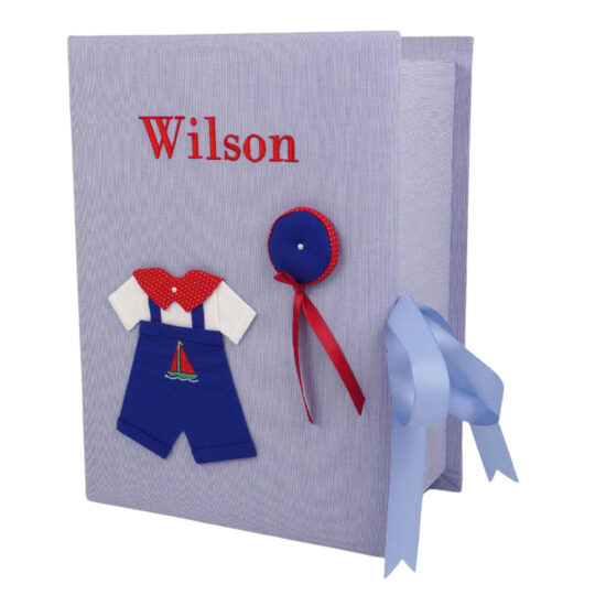 Medium Baby Keepsake Box With Baby Boy Jumper On Micro Stripe Cotton - Vertical Placement