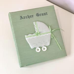 Baby Memory Book In Shantung With Swiss Batiste Baby Carriage