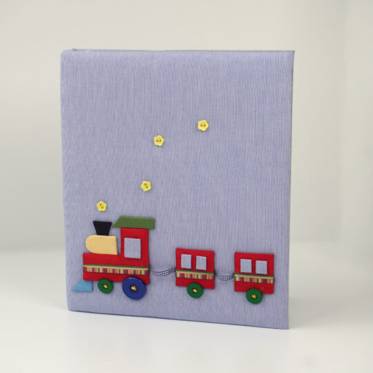 Baby Memory Book with Multicolored Train on Micro Stripe Cotton