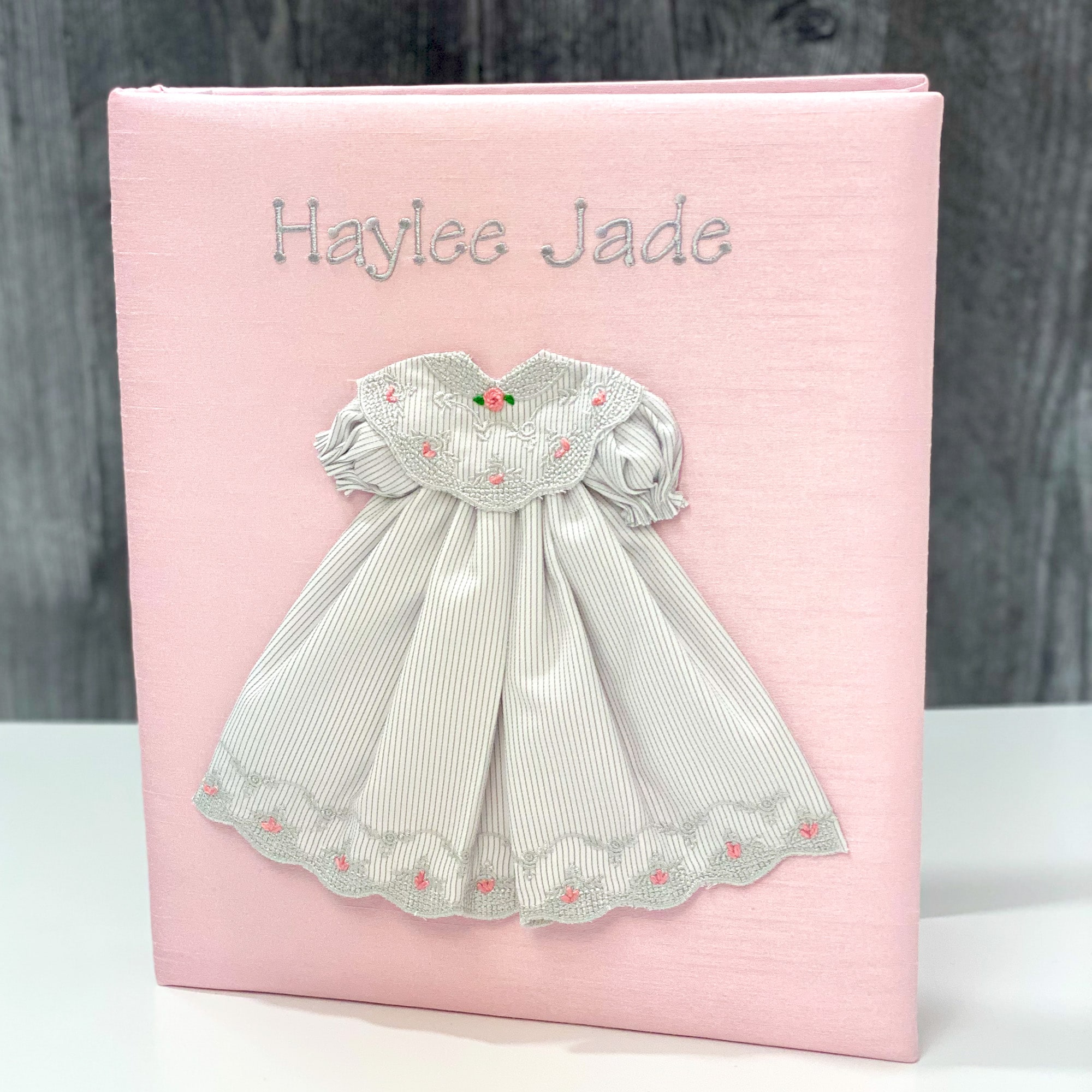 Baby Memory Book In Shantung With Embroidered Gown