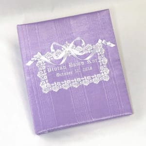 Baby-Memory-Book-KBRE-35M-Lilac-Moire-Old-English-Font-White-Thread