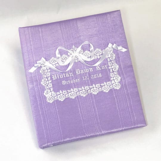 Baby-Memory-Book-KBRE-35M-Lilac-Moire-Old-English-Font-White-Thread