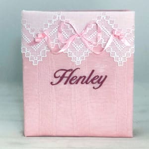 Baby-Memory-Book-KBRE-37B-Pink-Moire-Ballantines-Font-Rose-Pink-Thread