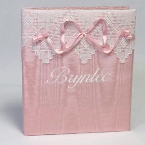 Baby-Memory-Book-KBRE-37B-Pink-Moire-Ballantines-Font-White-Thread