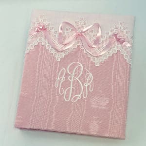 Baby-Memory-Book-KBRE-37B-Pink-Moire-Fancy-Monogram-White-Thread