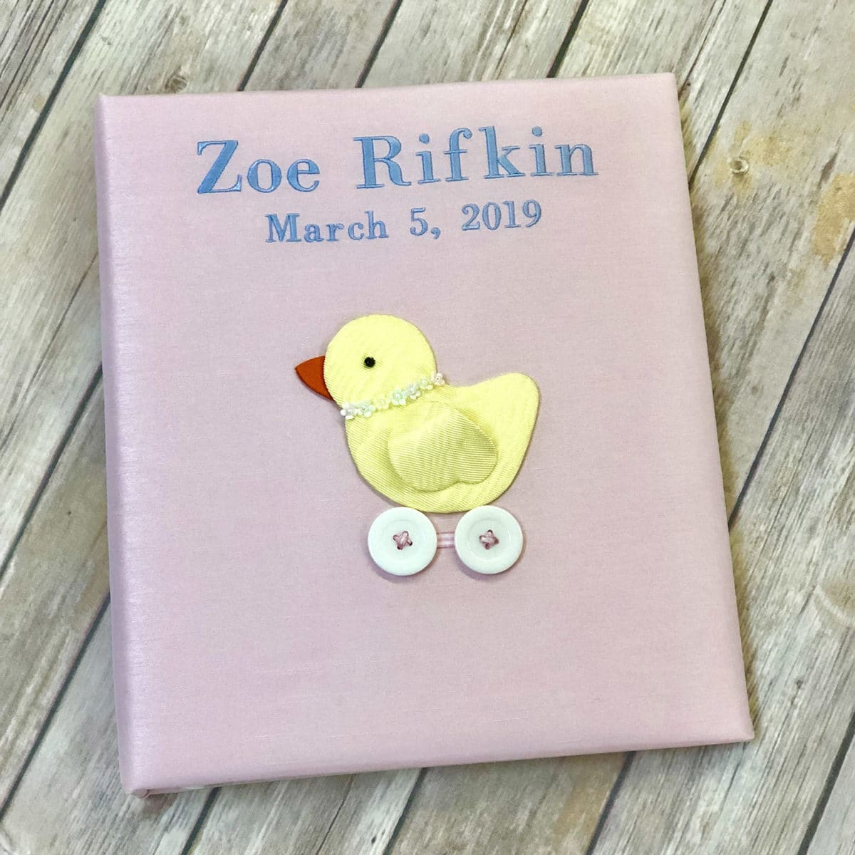 Baby Memory Book In Shantung With Baby Chick On Wheels