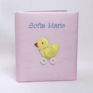 Baby Memory Book In Shantung With Baby Chick On Wheels