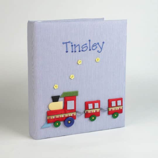 Baby Memory Book with Multicolored Train on Micro Stripe Cotton