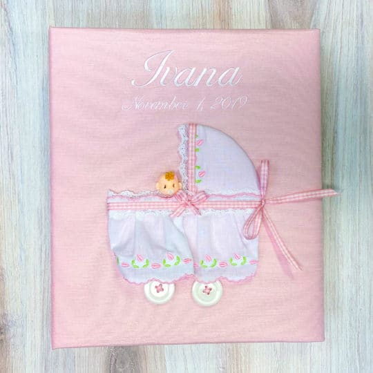 Baby Memory Book In Shantung With Swiss Batiste Baby Carriage