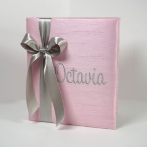 Baby-Memory-Book-Shantung-Pink-Gray-Thread-Sweetheart-KBRE-S1-Ribbon