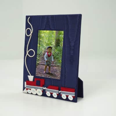 Baby Photo Frame in Navy Moiré with Choo Choo Train