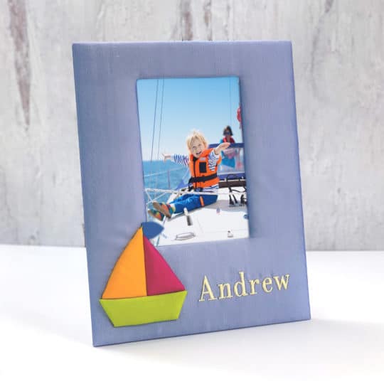 Baby Photo Frame In Silk With Multicolored Sailboats