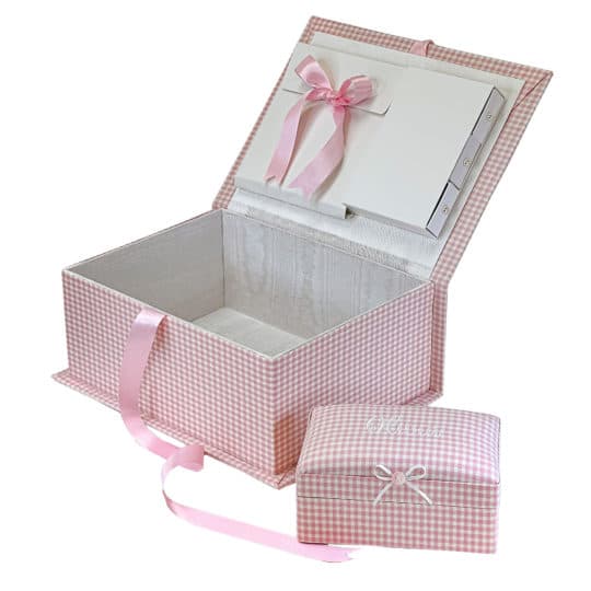 Medium Baby Keepsake Box In Pink Gingham Cotton. Small Baby Keepsake Box sold separately.