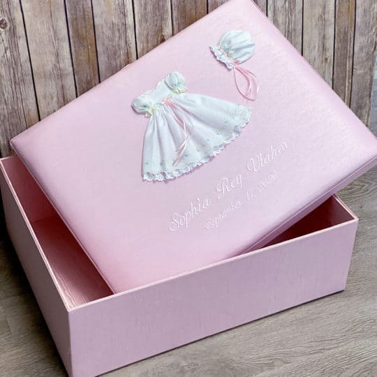 Large Baby Keepsake Box In Shantung With Swiss Batiste Dress With Flowers