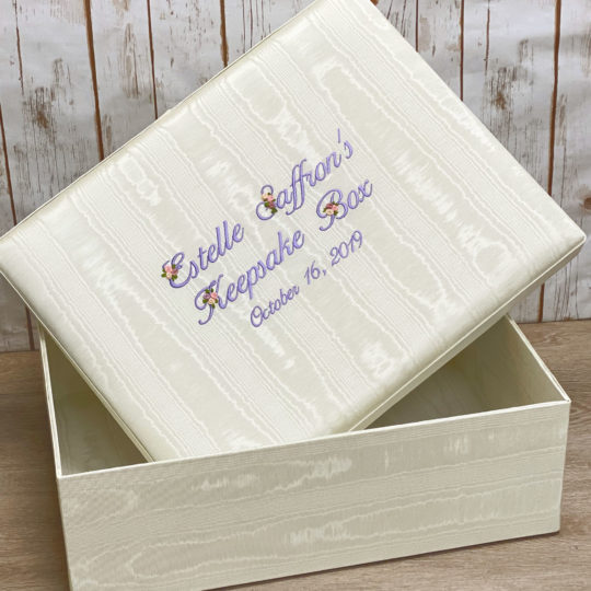 Large Baby Keepsake Box In Moiré With Silk Ribbon Flowers