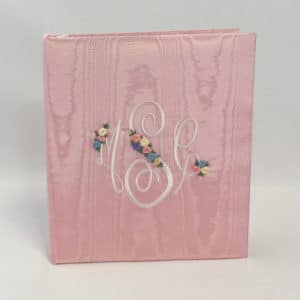 Large-Baby-Photo-Album-AR11-EM-Baby-Pink-Moire-Fancy-Monogram-Oyster-Thread