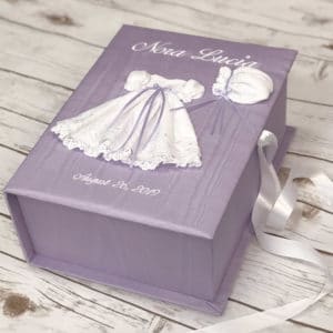 Medium Baby Keepsake Box In Moiré With Swiss Batiste Dress