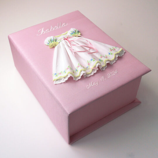 Medium Baby Keepsake Box In Shantung With Swiss Batiste Dress With Flowers