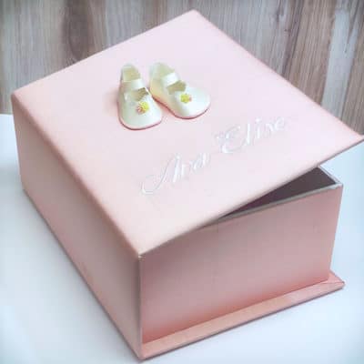 Medium Baby Keepsake Box In Silk With Baby Shoes