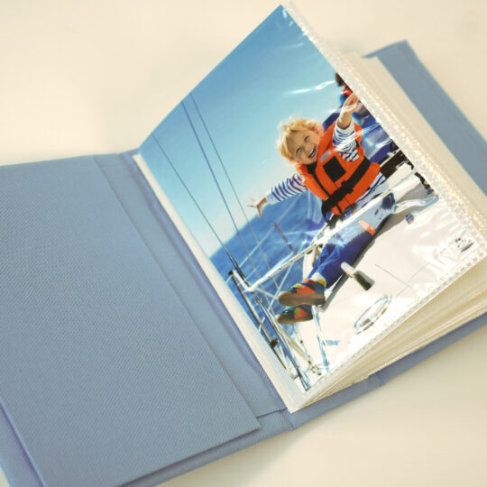Pima cotton 4x6 baby photo album in cornflower blue.