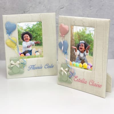 Baby Photo Frame In Moiré With Bear & Balloons