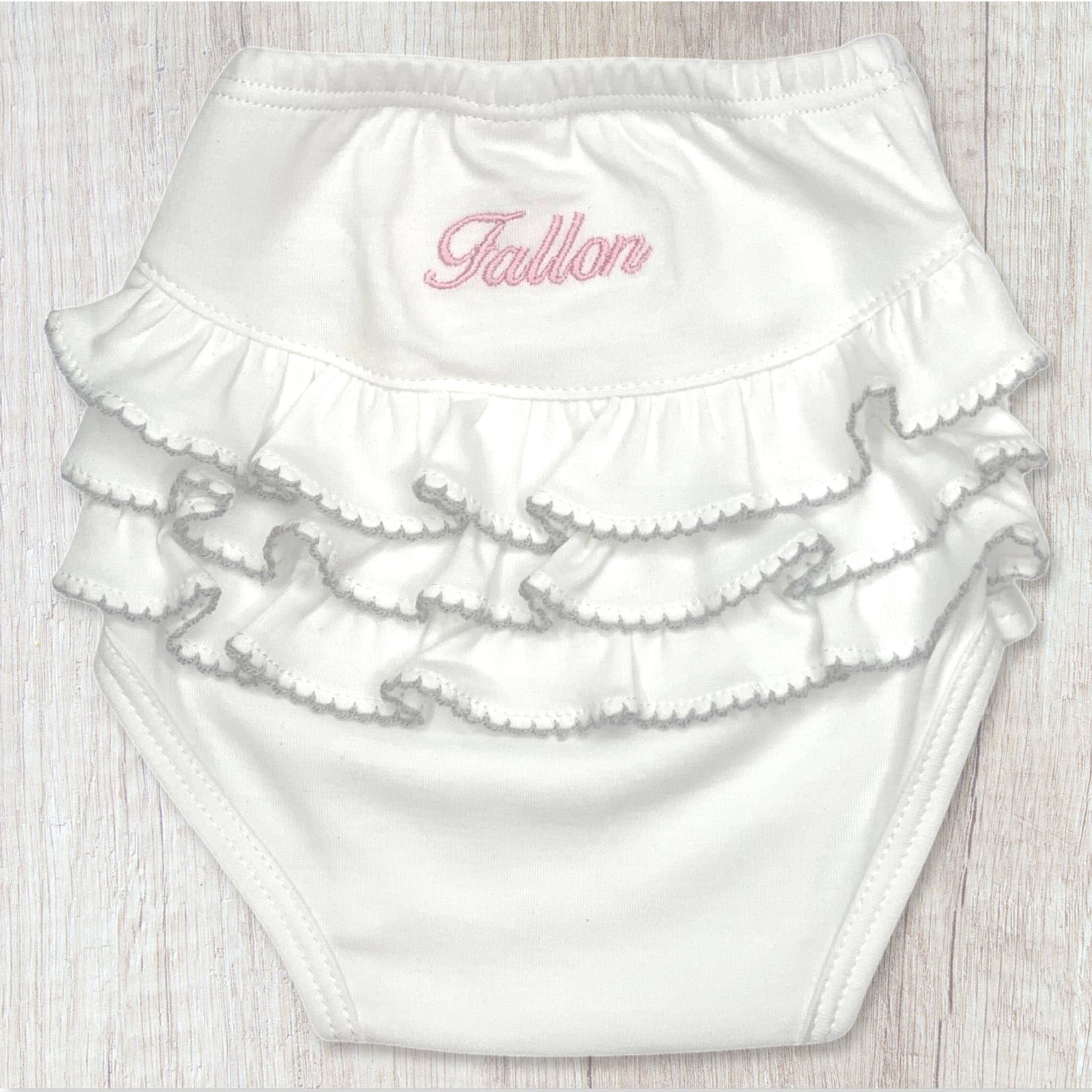 https://marcelagifts.com/wp-content/uploads/2018/11/Baby-Bloomers-Gray-Trim-Ballantines-Font-Baby-Pink-Thread-BBL-BPC.jpg