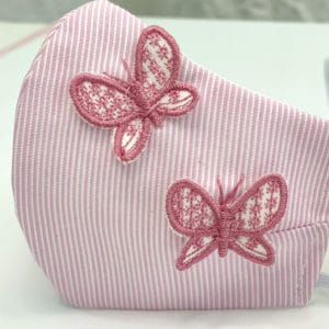 Butterfly Face Mask in pink and white striped cotton and two butterflies.