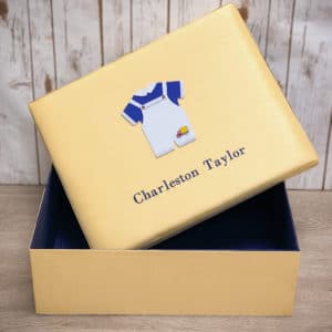 Large Baby Keepsake Box In Shantung With Embroidered Truck On Blue Jumper