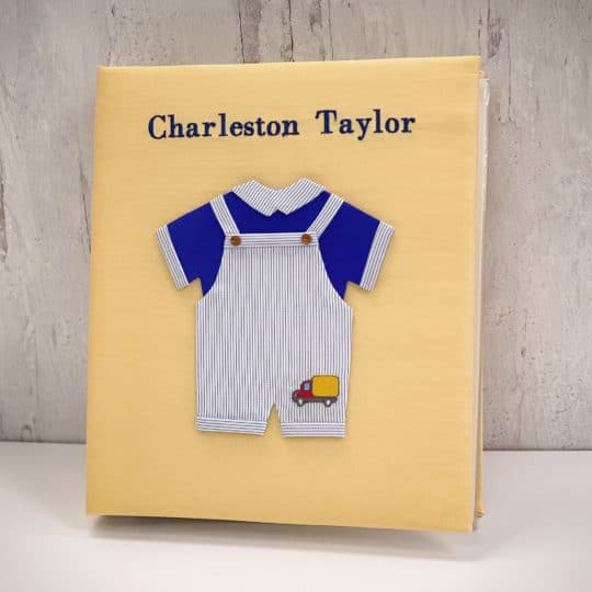Baby Memory Book In Shantung With Embroidered Truck On Blue Jumper