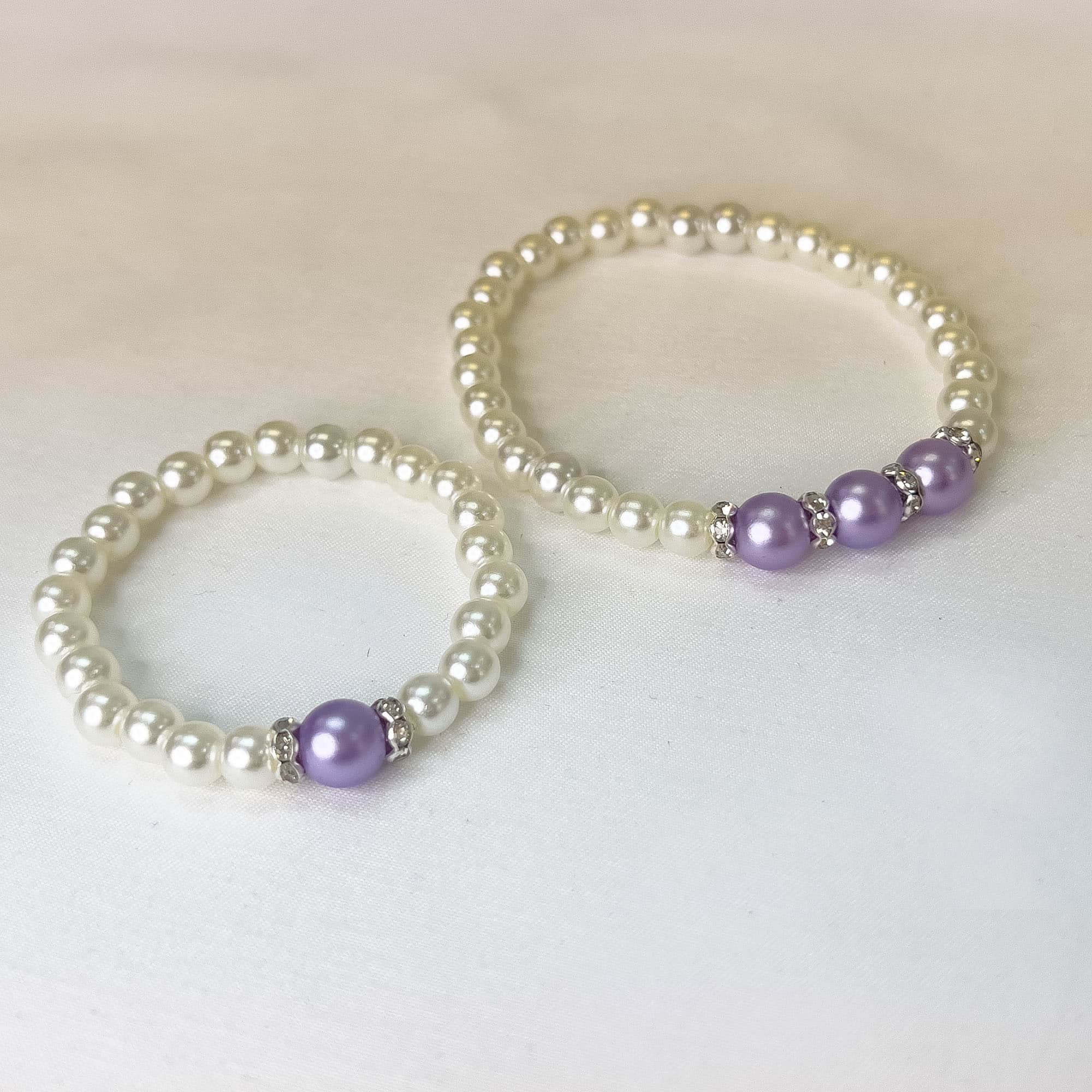 Mother and Daughter Bracelets - Purple Pearls with Rhinestone Spacers