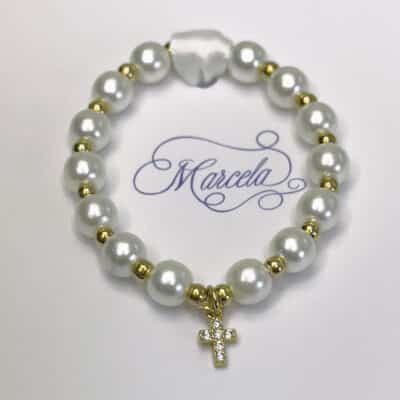 White Pearl Bracelet Jeweled Cross
