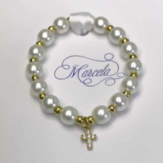 White Pearl Bracelet Jeweled Cross