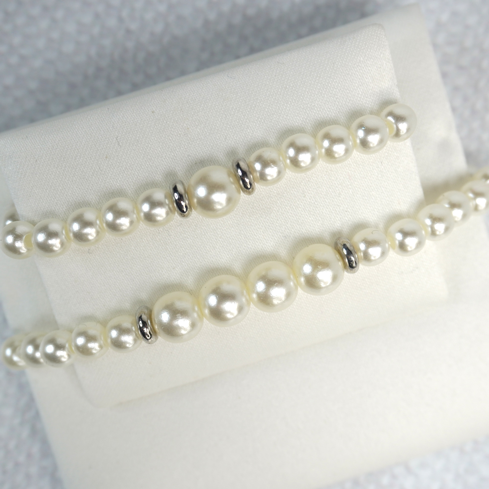 Mother and Daughter Bracelet Set White Pearls and Silver Spacer Beads - 8mm