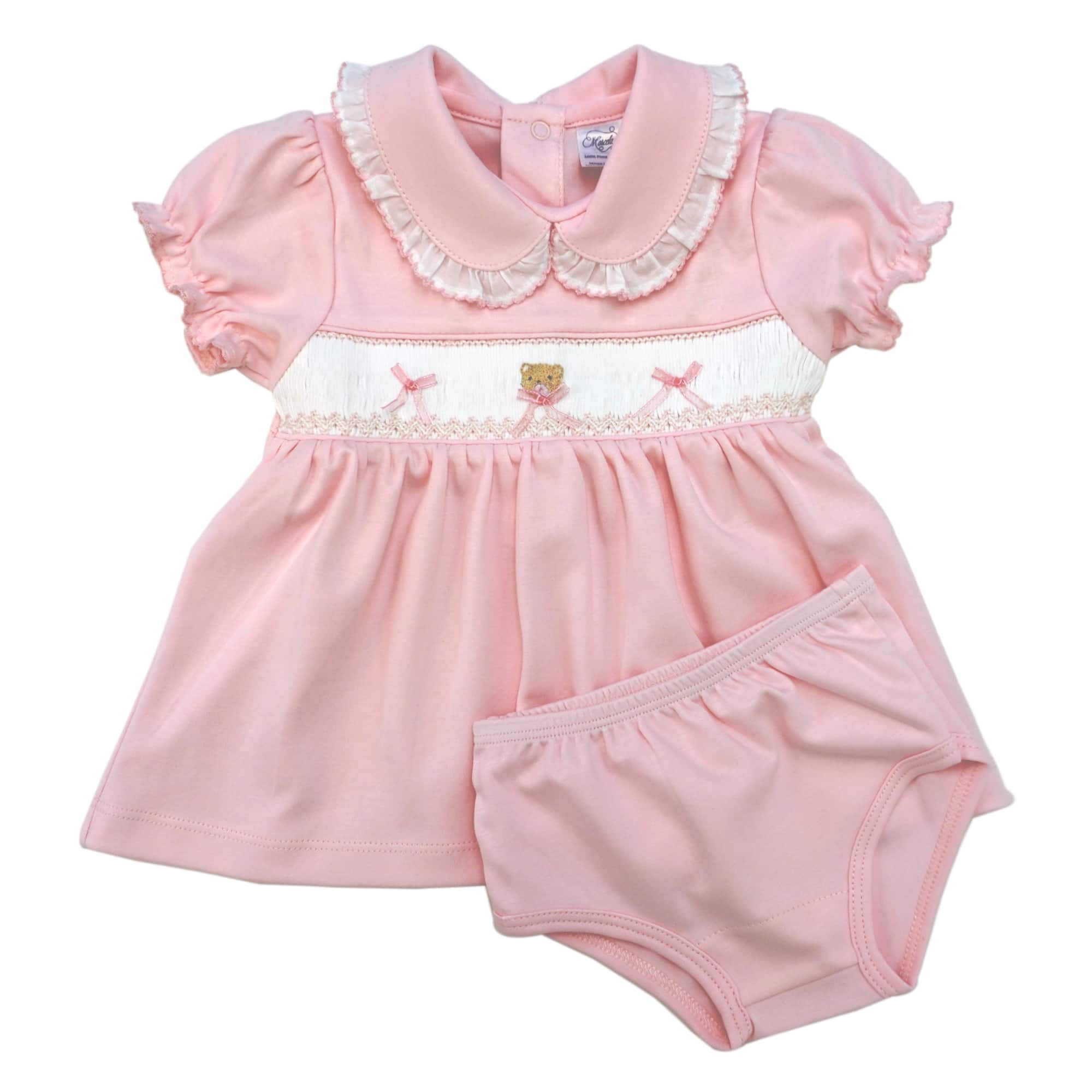 Smocked Embroidered-Bear Collared Dres