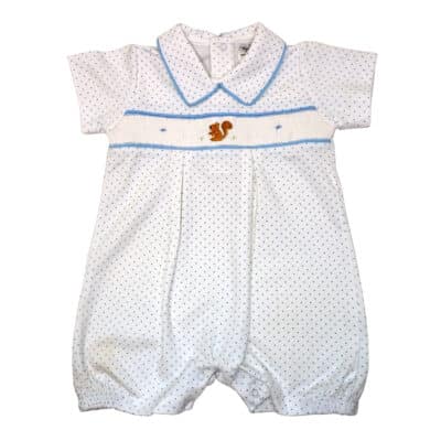 Smocked Embroidered Squirrel Collared Romper