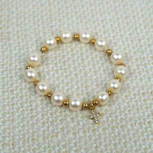 Jeweled Cross Pearls and Gold Bead Bracelet-BCT-JC-GB-PL-PCH