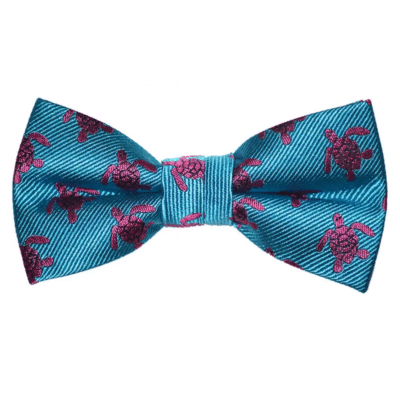 Turtle Bow Tie - Pink On Blue, Woven Silk, Pre-Tied For Kids