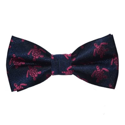 Turtle Bow Tie - Pink On Navy, Woven Silk, Pre-Tied For Kids