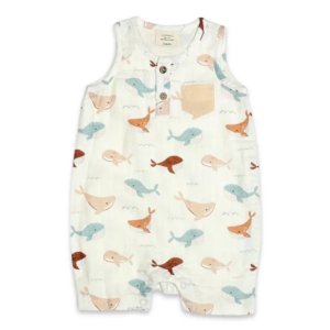 Whales Henley Baby Short Romper (Organic Muslin)-1