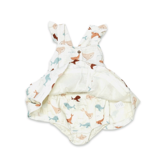 Whales Ruffle & Button Baby Dress+Bloomer (Organic Muslin)-1