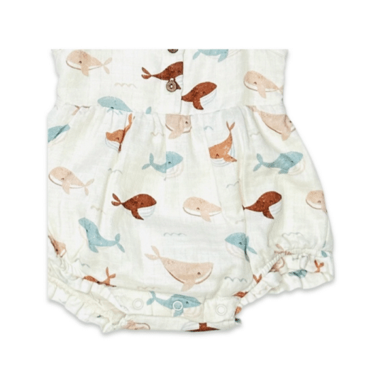 Whales Ruffle & Button Baby Dress+Bloomer (Organic Muslin)-2