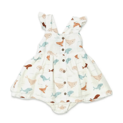 Whales Ruffle & Button Baby Dress+Bloomer (Organic Muslin)