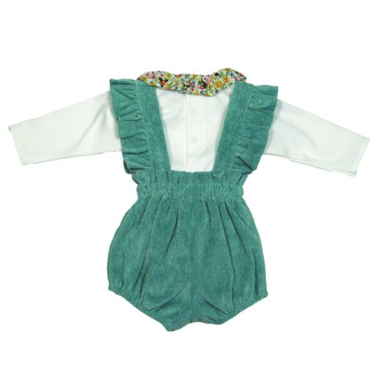 Girl-Corduroy-Suspender-Shorts-and-Long-Sleeve-Onesie - Green-Mini Garden-Back-SET-CORD-MINGRDN