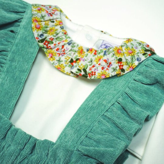 Girl-Corduroy-Suspender-Shorts-and-Long-Sleeve-Onesie - Green-Mini Garden-Close Up-SET-CORD-MINGRDN