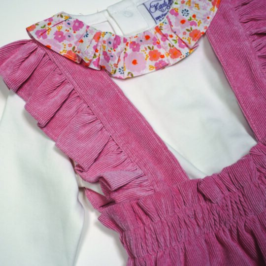Girl-Corduroy-Suspender-Shorts-and-Long-Sleeve-Onesie - Melon-Peach Poppies-Close Up-SET-CORD-GRYGRDN