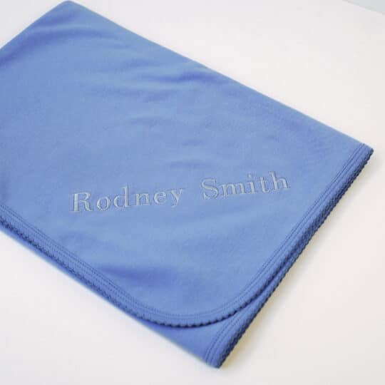 Personalized blue Pima cotton baby blanket embroidered with two names, luxury custom newborn gift