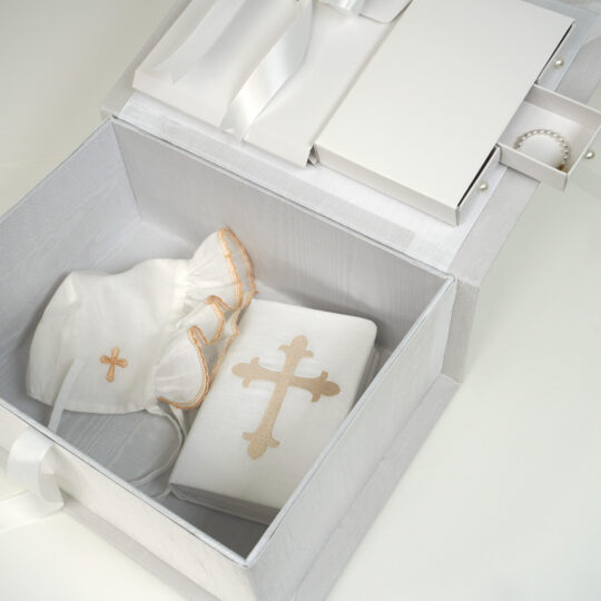 Shantung Medium Baby Keepsake Box with Cross