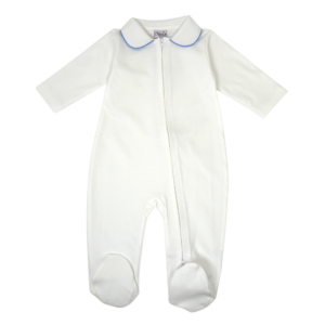 White-Baby-Pima-Footie-2-way-zipper-Blue-Lined-Collar-BFWHPPC-BL